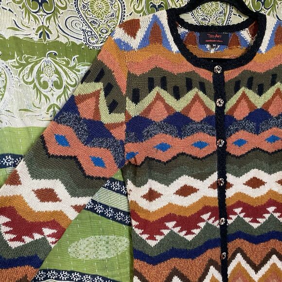 NWOT Rare Tey Art Alpaca Wool Blend Multicolored Knit Cardigan Size Medium - Picture 4 of 15